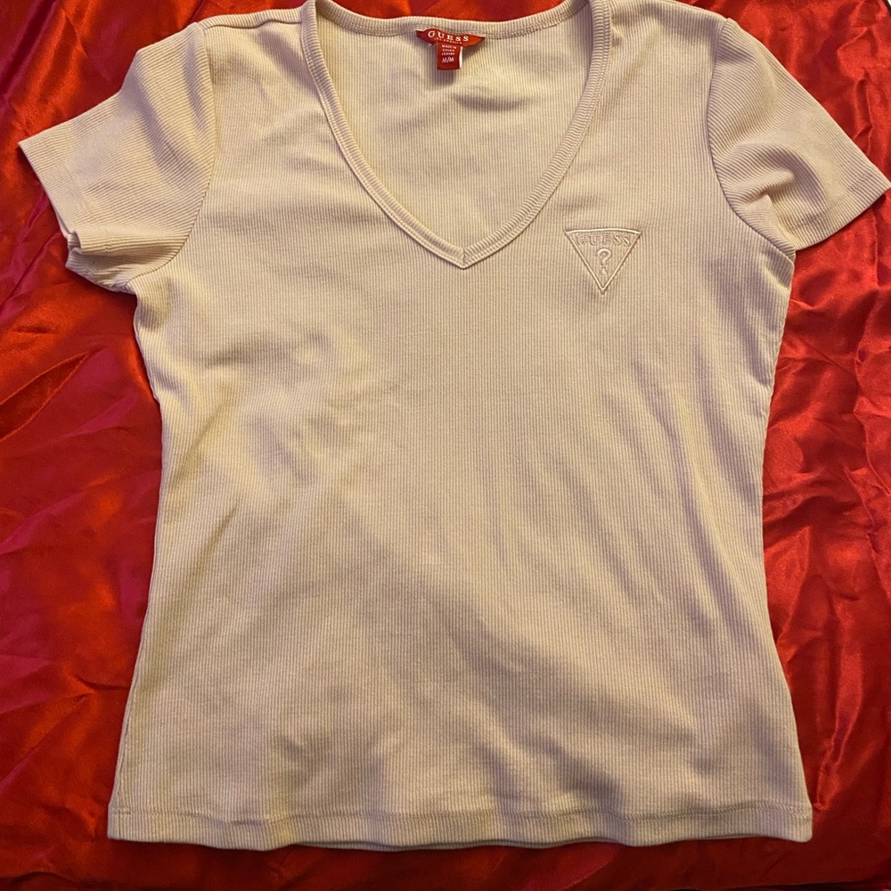 Guess Light Pink Ribbed V-Neck Short Sleeve Top